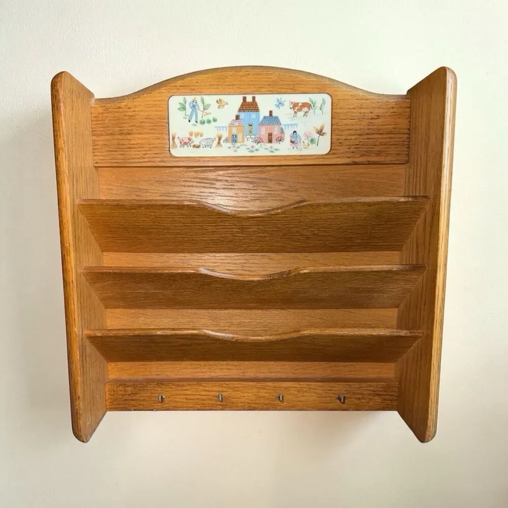 Heartland International Vintage Wood Letter Rack Key Hooks Cottagecore 90s Decor